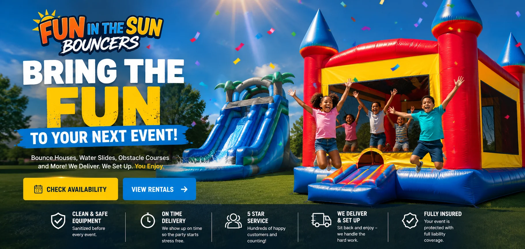 Fun In The Sun Bouncers with a bounce house, water slide, and children enjoying a party